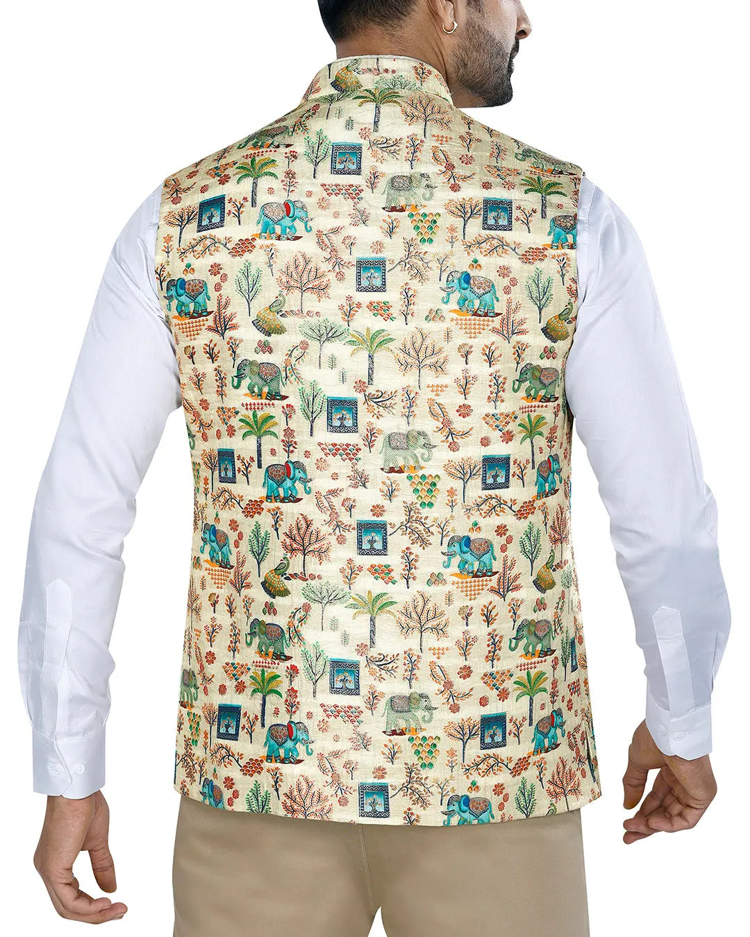 Haathi Ivory Printed Design Mens Indian Waistcoat Indicoat