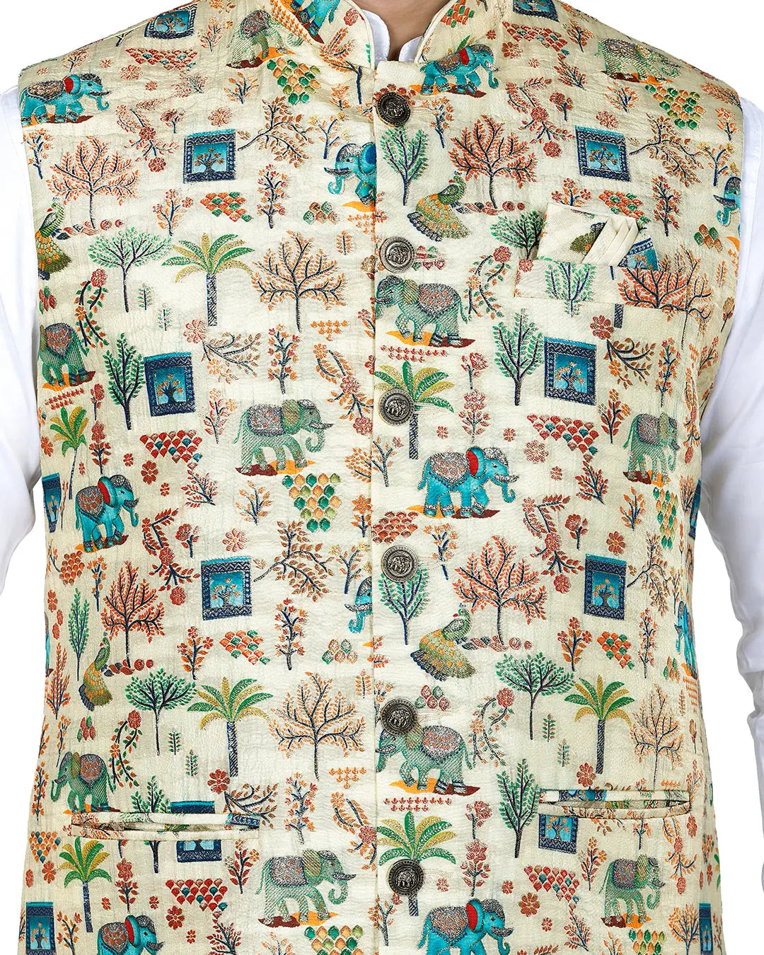 Haathi Ivory Printed Design Mens Indian Waistcoat Indicoat