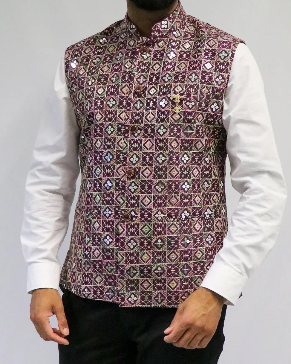 Sequin Plum Mens Indian Waistcoat Indicoat