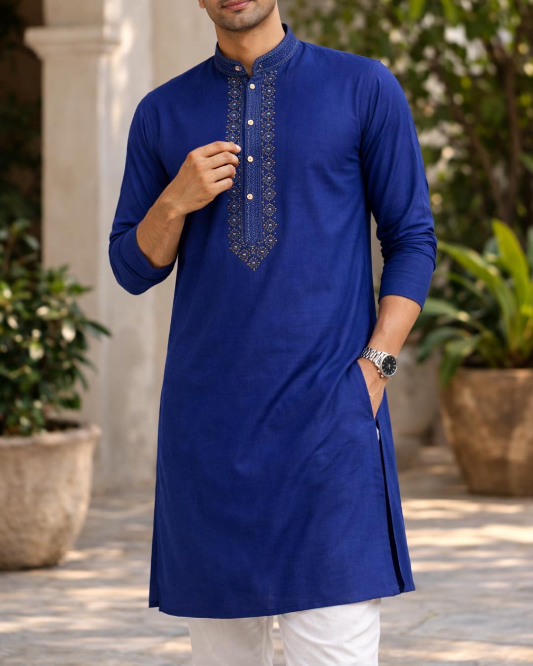 Embroidered Navy Kurta Indicoat