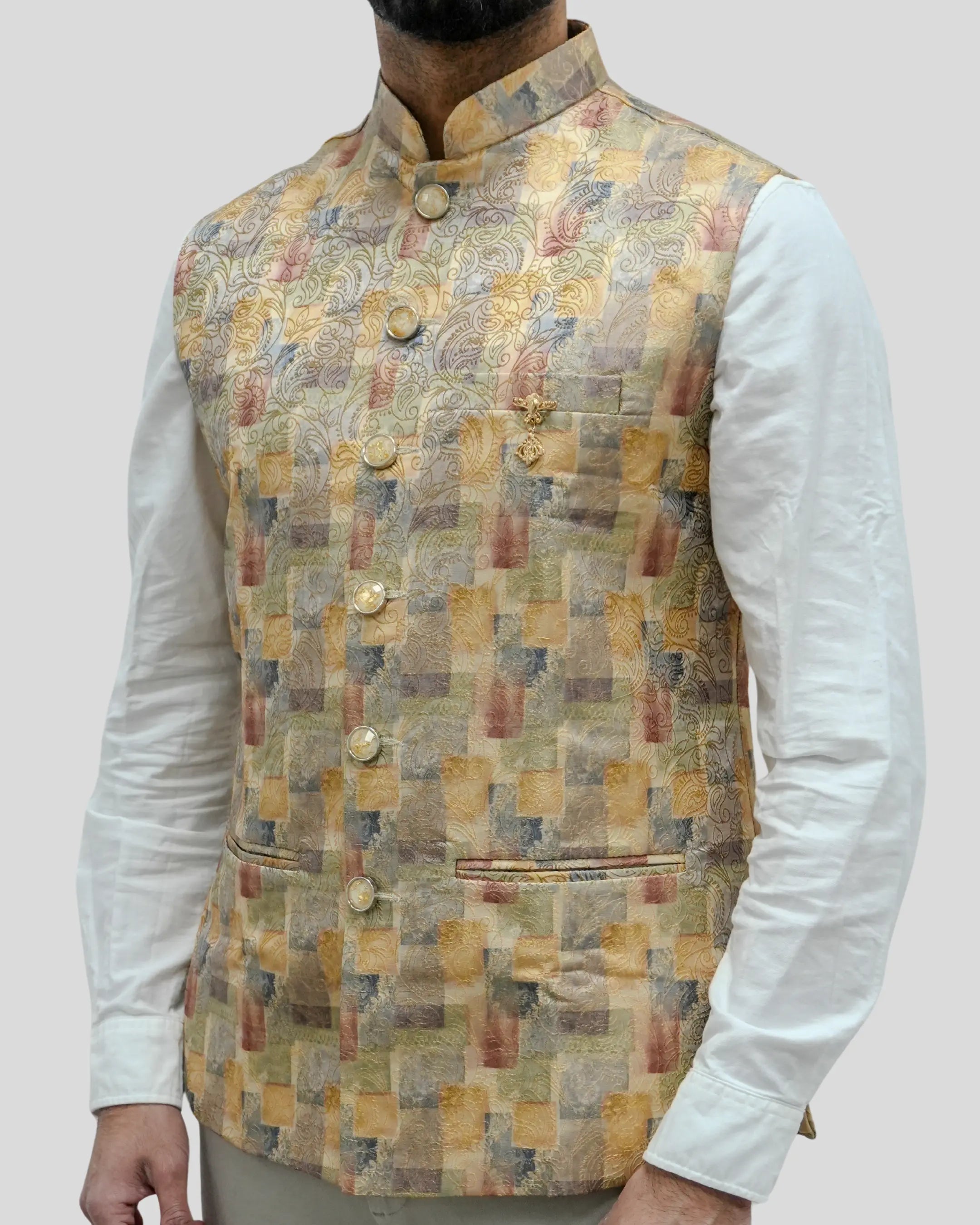 Haveli Printed Yellow Mens Indian Waistcoat Indicoat