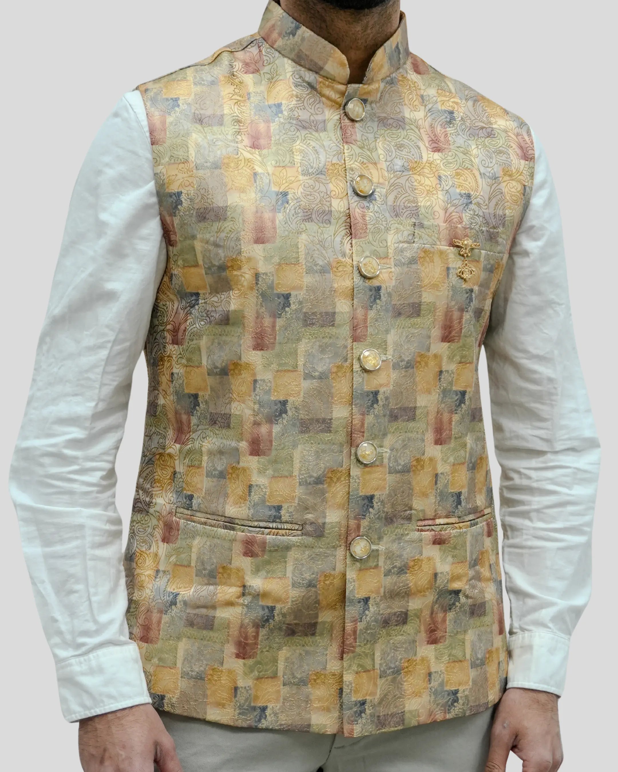 Haveli Printed Yellow Mens Indian Waistcoat Indicoat