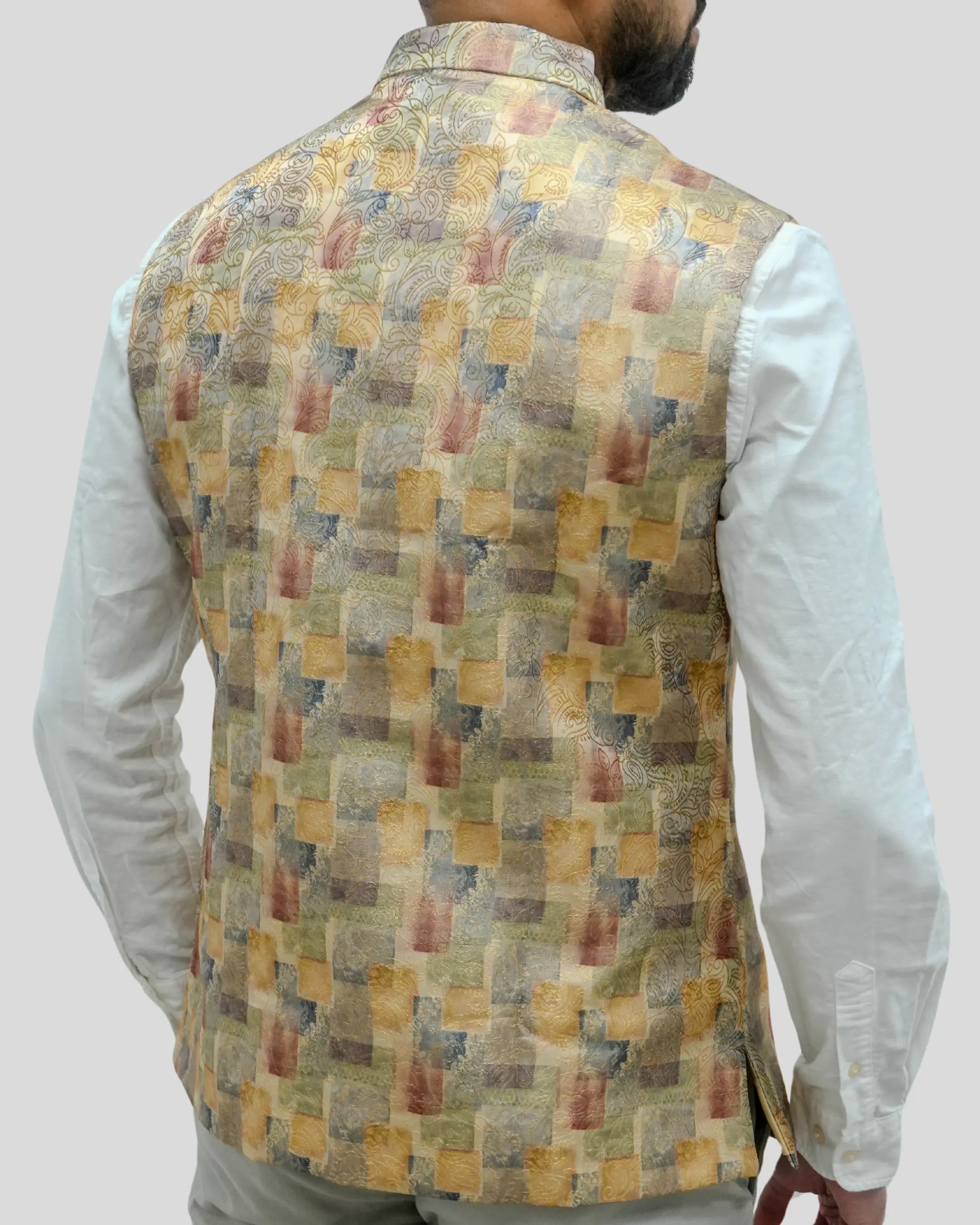 Haveli Printed Yellow Mens Indian Waistcoat Indicoat