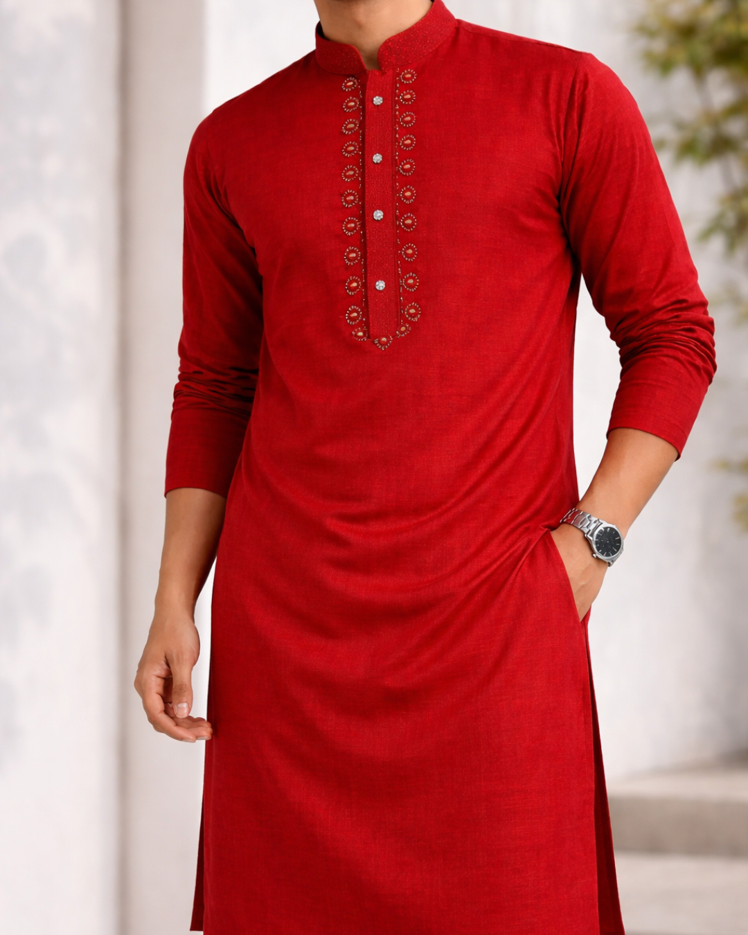 Embroidered Red Kurta Indicoat