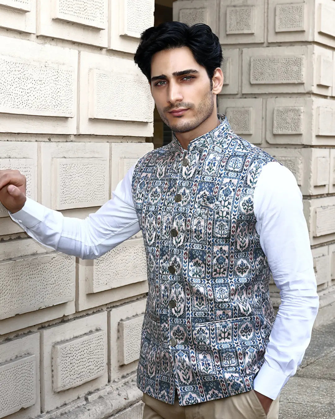 Raj Ikat Blue Patterned Mens Indian Waistcoat Indicoat