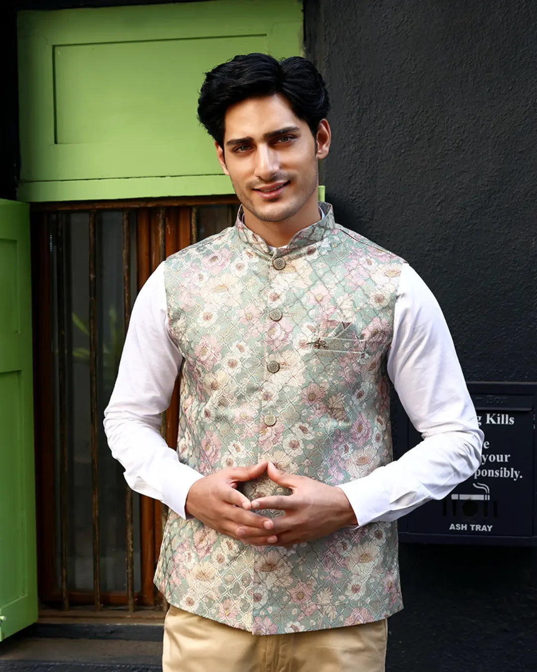 Sage Bloom Floral Mens Indian Waistcoat Indicoat