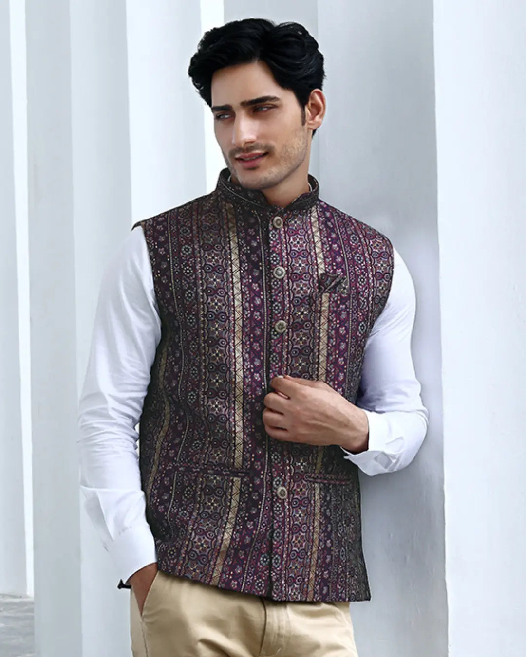 Samrat Purple Printed Mens Indian Waistcoat Indicoat