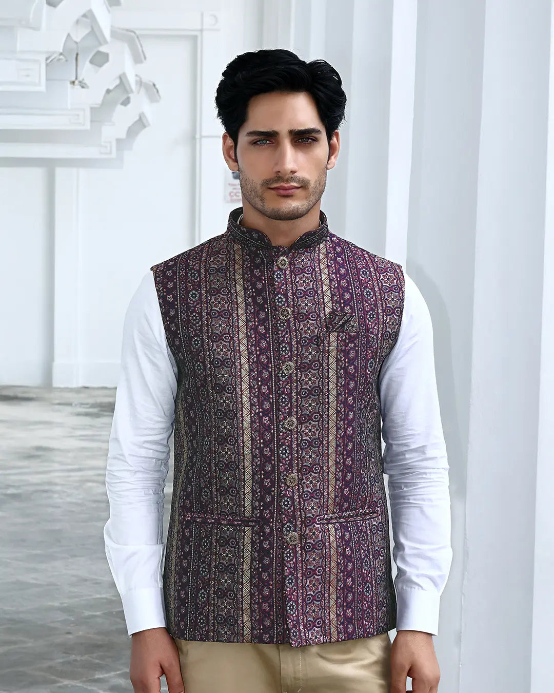 Samrat Purple Printed Mens Indian Waistcoat Indicoat