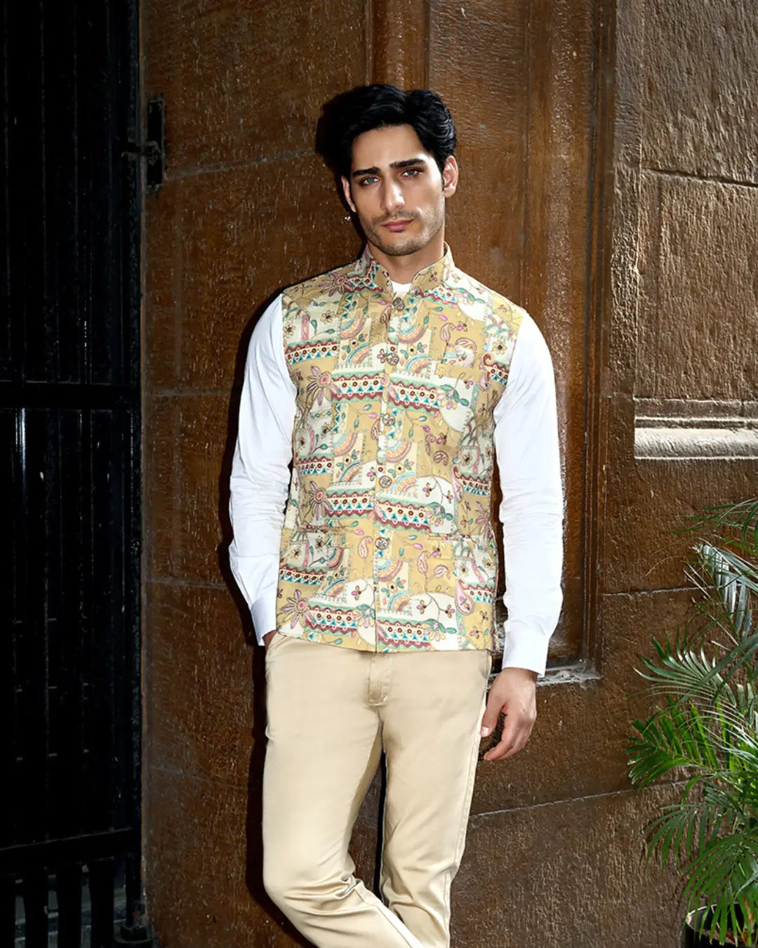 Sundar Garden Yellow Printed Floral Mens Indian Waistcoat Indicoat