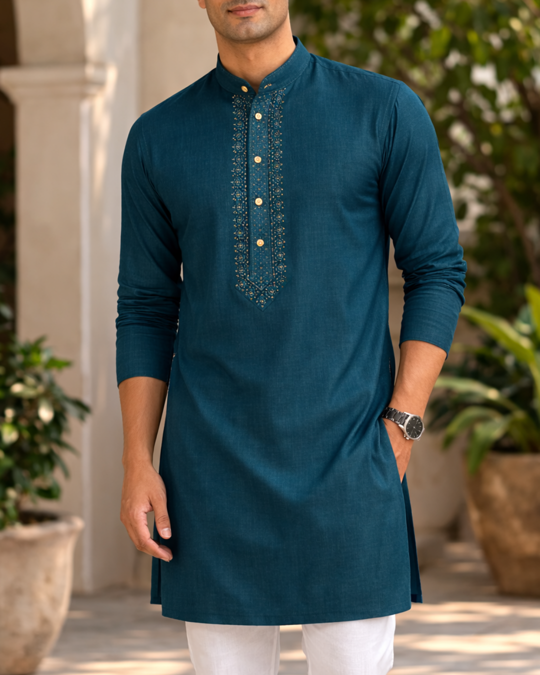 Embroidered Teal Kurta Indicoat