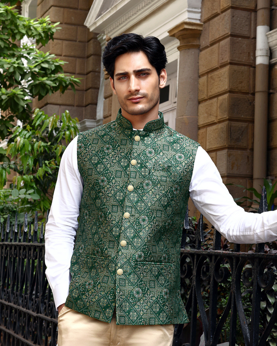 Vana Green Printed Design Mens Indian Waistcoat