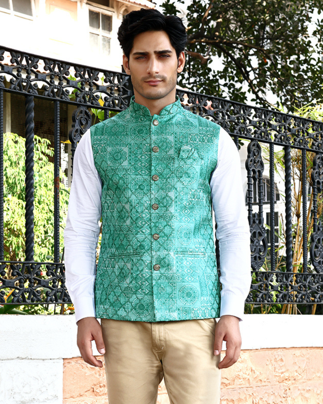 Bagh Sea Green Mosaic Style Mens Indian Waistcoat