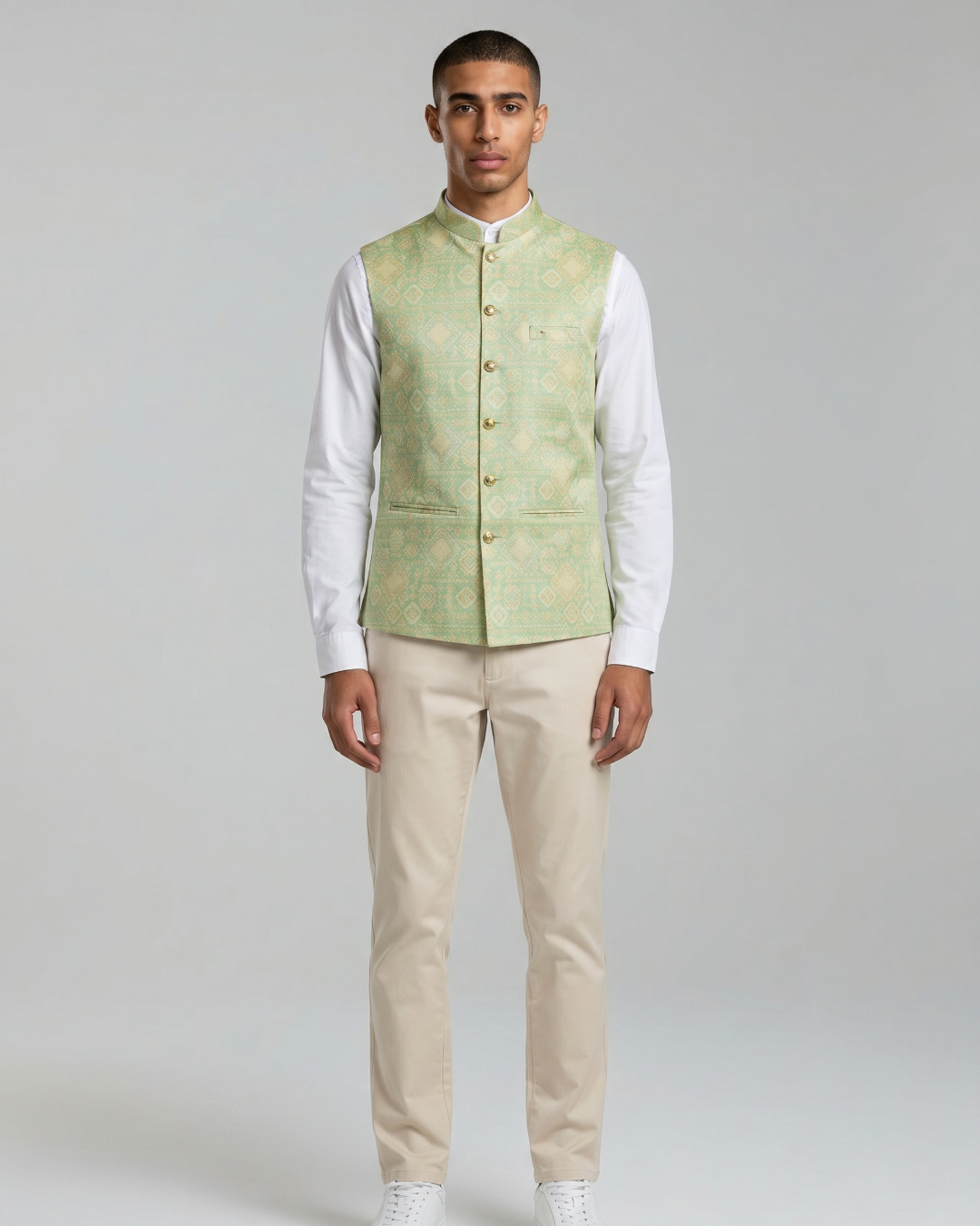 Minted Gold Printed Mens Indian Waistcoat