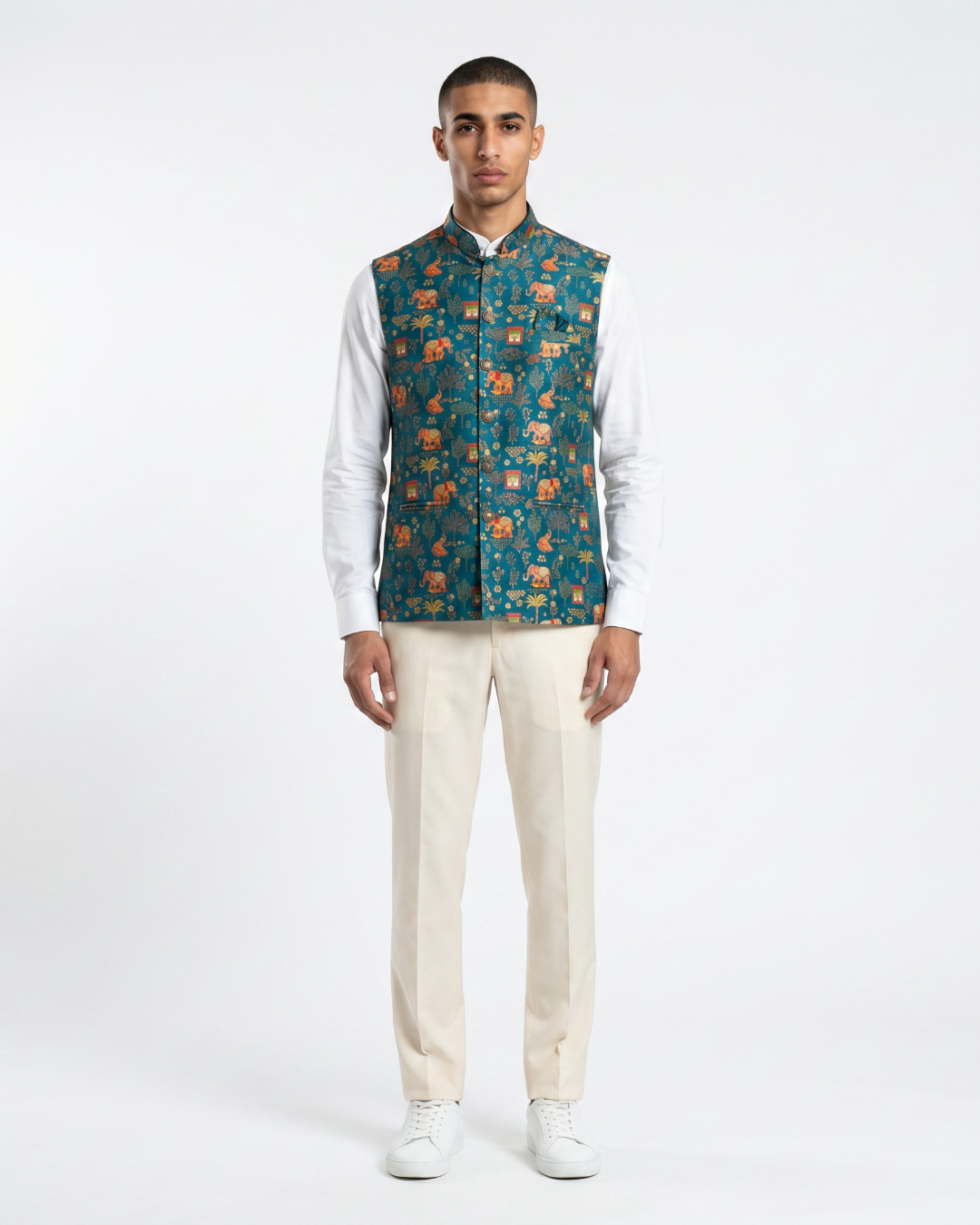 Haathi Royal Blue Printed Design Mens Indian Waistcoat
