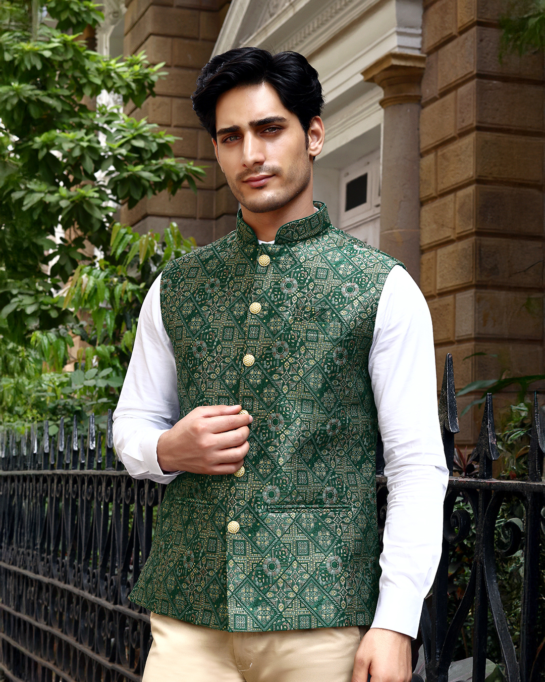 Vana Green Printed Design Mens Indian Waistcoat