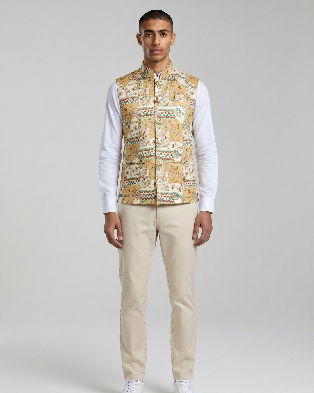 Sundar Garden Yellow Printed Floral Mens Indian Waistcoat