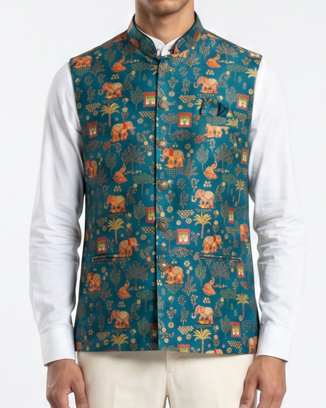 Haathi Royal Blue Printed Design Mens Indian Waistcoat