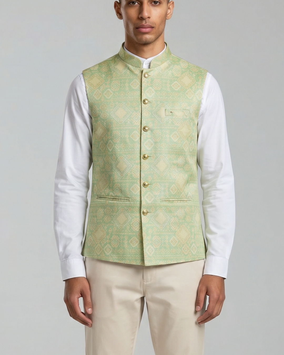 Minted Gold Printed Mens Indian Waistcoat