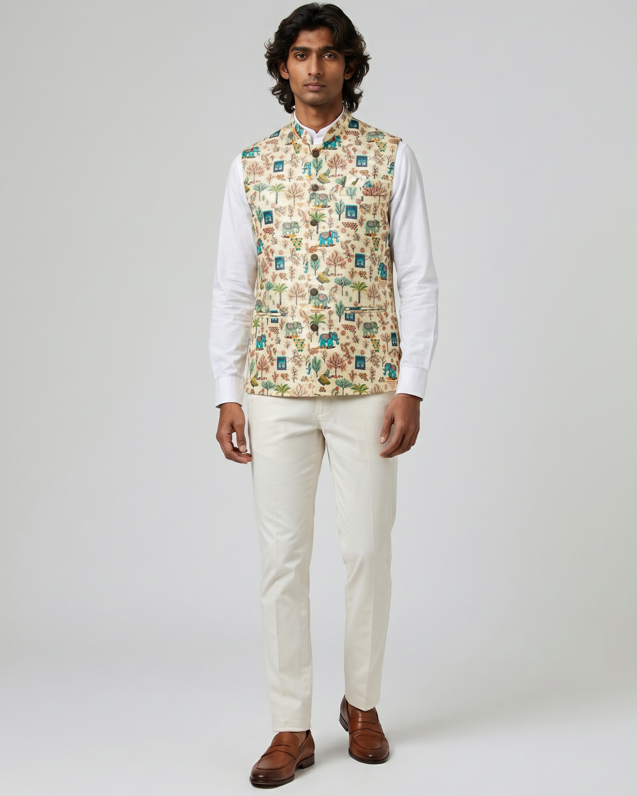 Haathi Ivory Printed Design Mens Indian Waistcoat