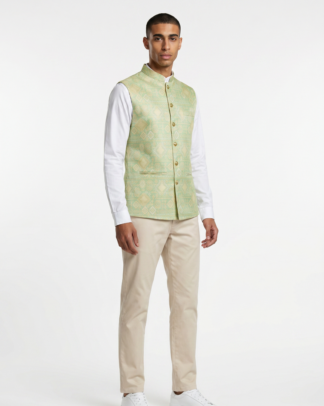 Minted Gold Printed Mens Indian Waistcoat