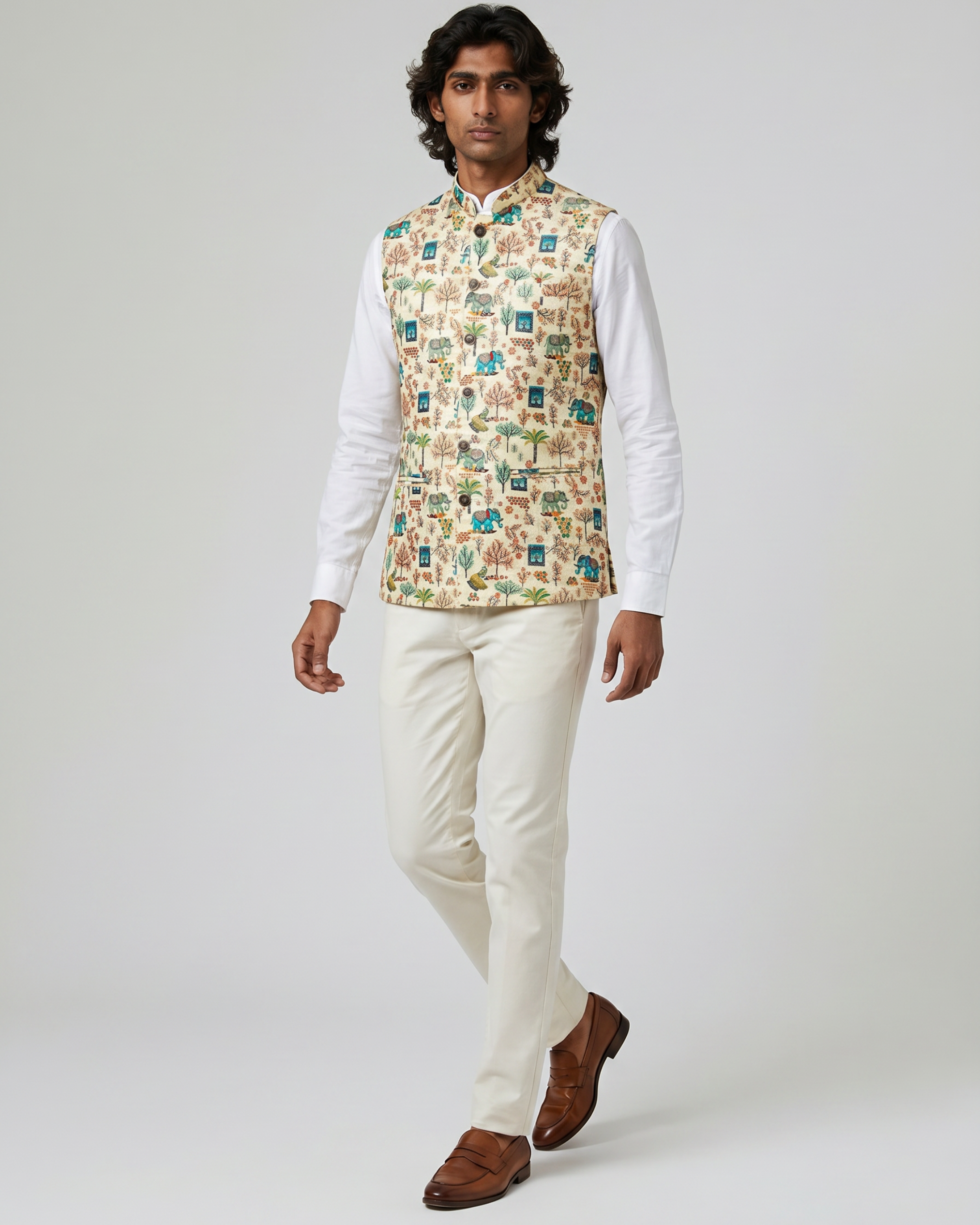Haathi Ivory Printed Design Mens Indian Waistcoat