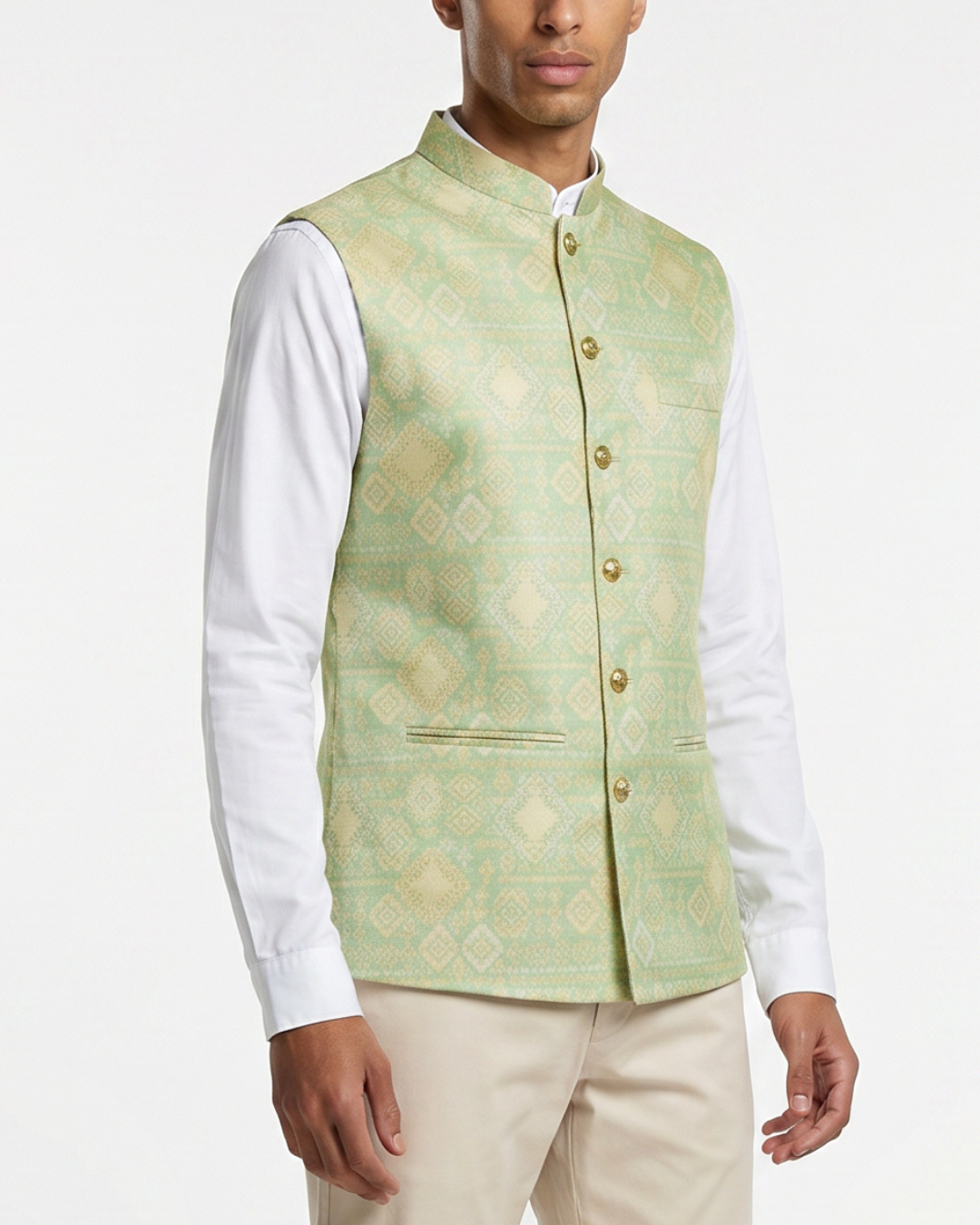 Minted Gold Printed Mens Indian Waistcoat