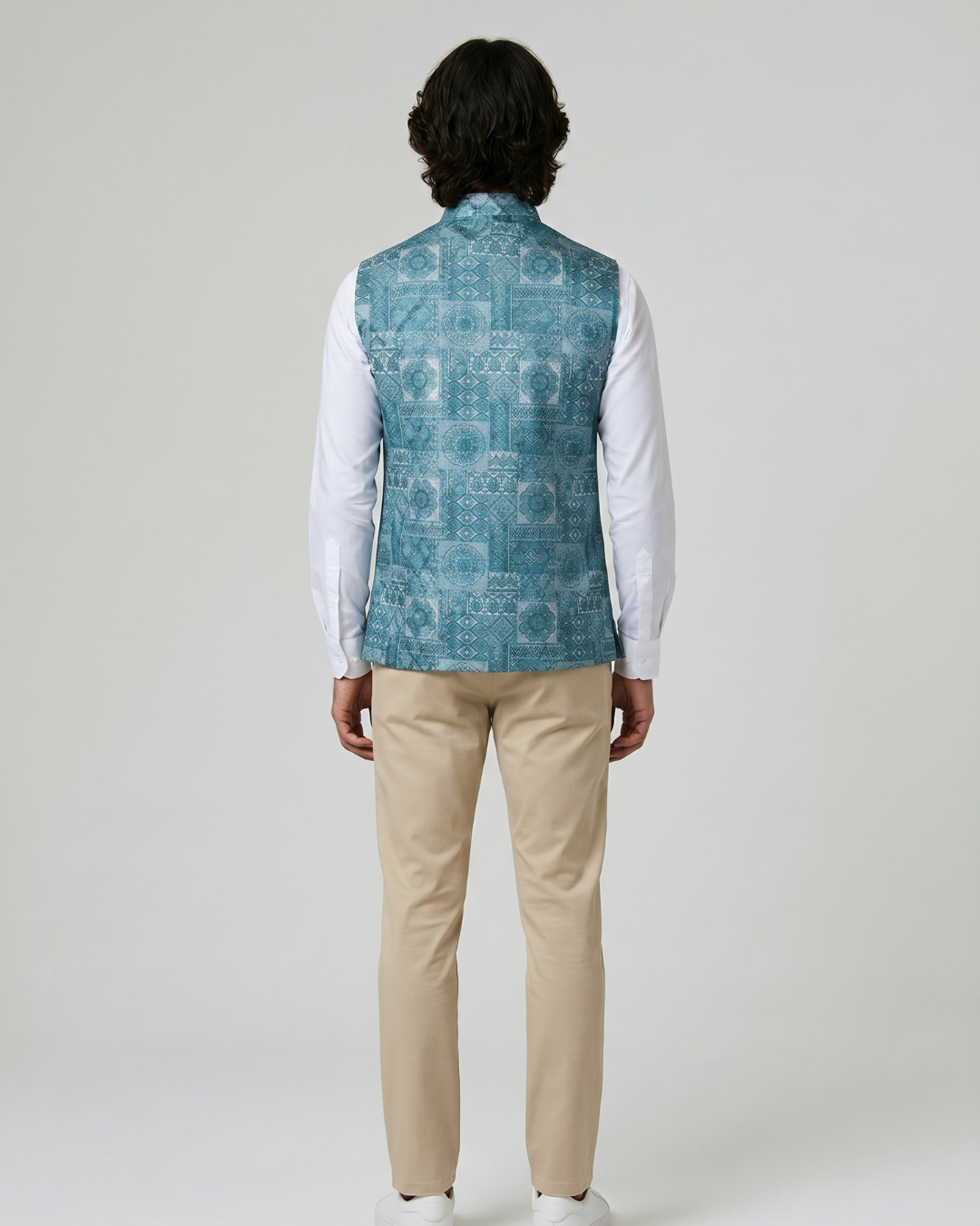 Bagh Ocean Blue Mosaic Style Mens Indian Waistcoat