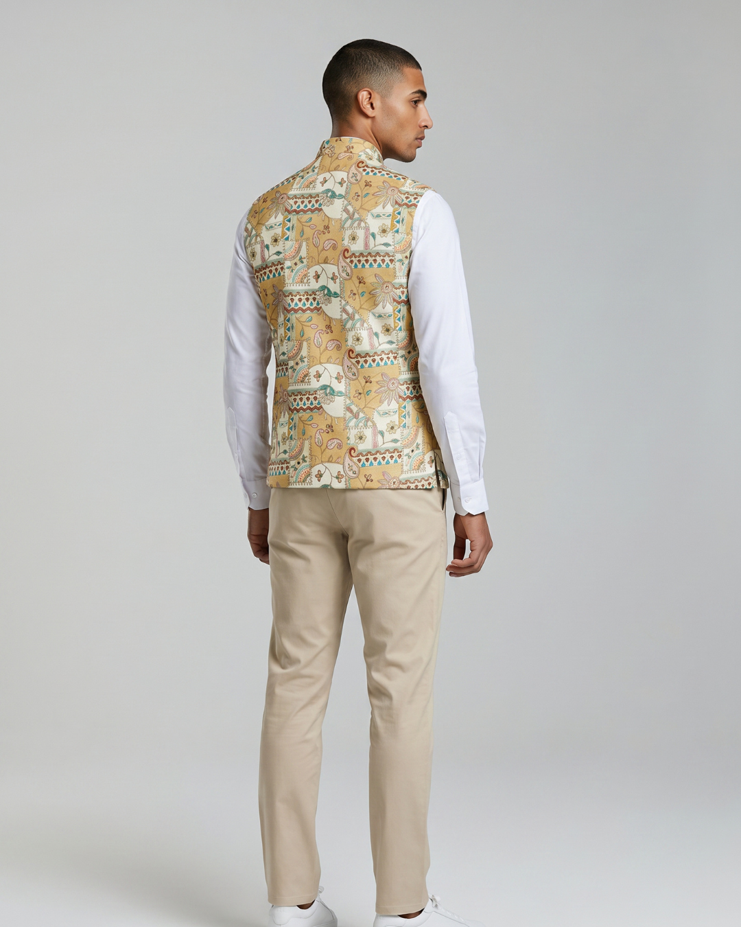 Sundar Garden Yellow Printed Floral Mens Indian Waistcoat