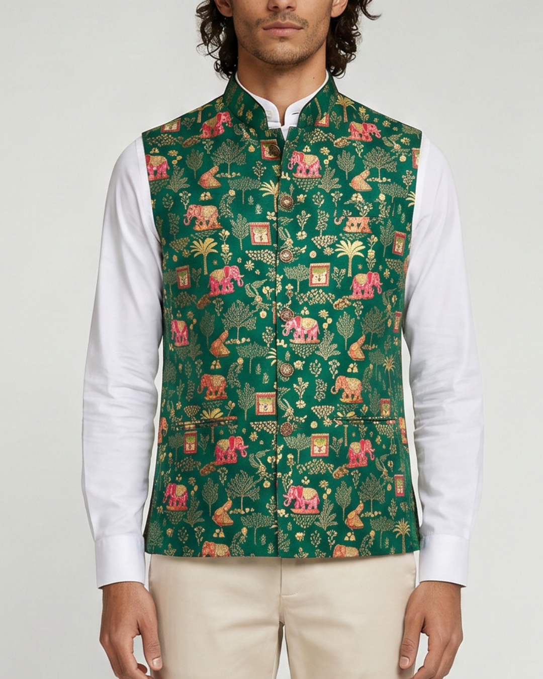 Haathi Forest Green Mens Indian Waistcoat