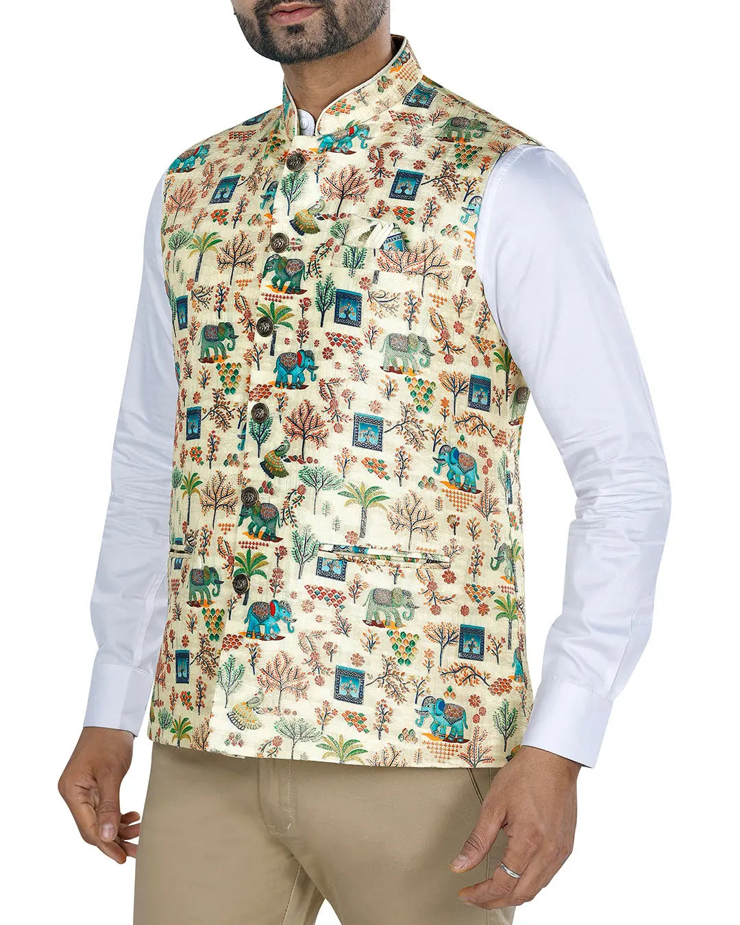 Haathi Ivory Printed Design Mens Indian Waistcoat Indicoat
