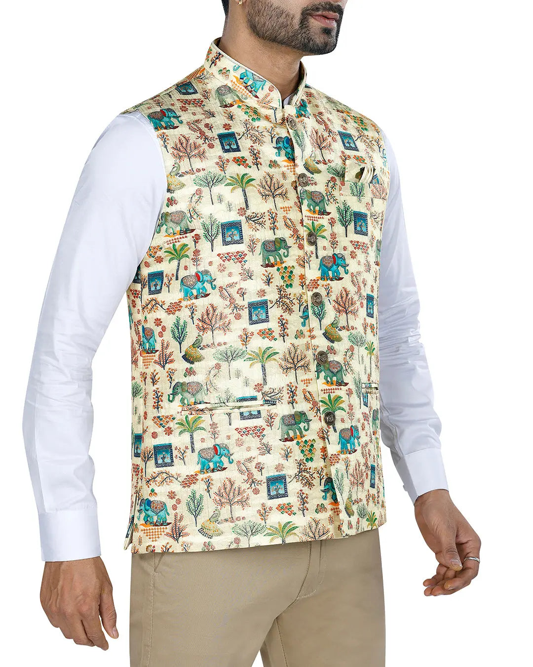 Haathi Ivory Printed Design Mens Indian Waistcoat Indicoat