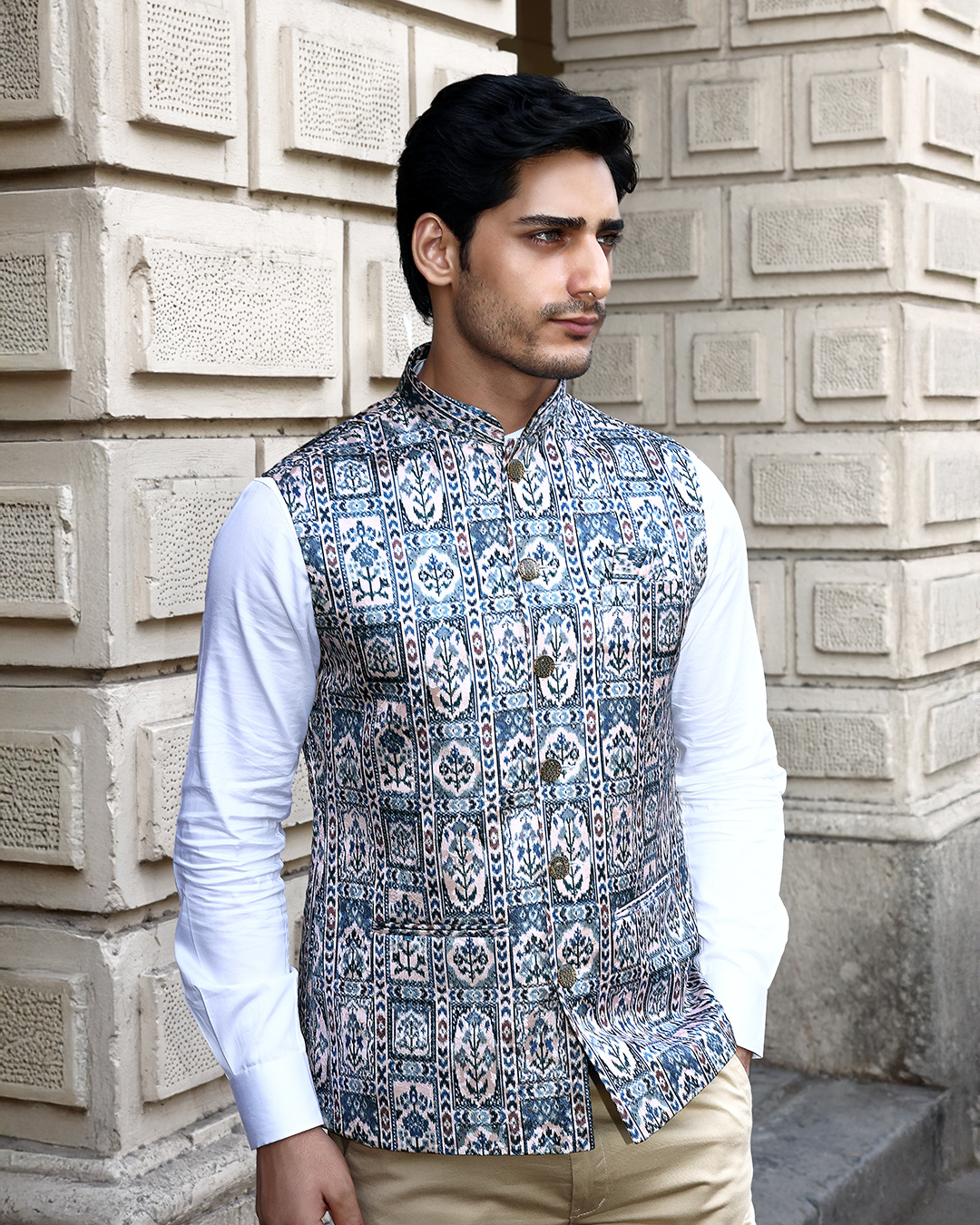 Raj Ikat Blue Patterned Mens Indian Waistcoat