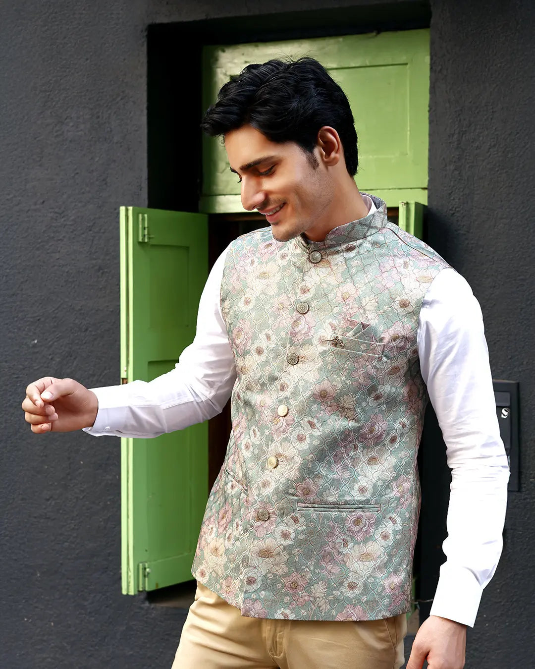 Sage Bloom Floral Mens Indian Waistcoat Indicoat