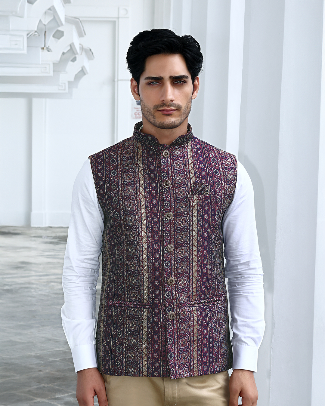 Samrat Purple Printed Mens Indian Waistcoat