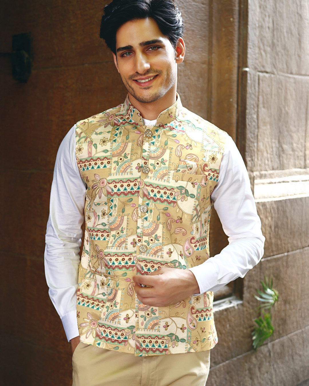 Sundar Garden Yellow Printed Floral Mens Indian Waistcoat